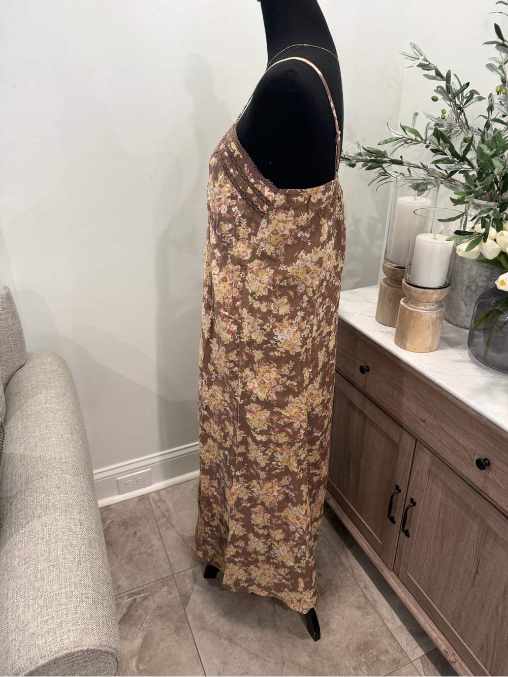 Lucky Brand Brown Floral Lace Trimmed Slip Midi Dress with Cream Print - Picture 7 of 16